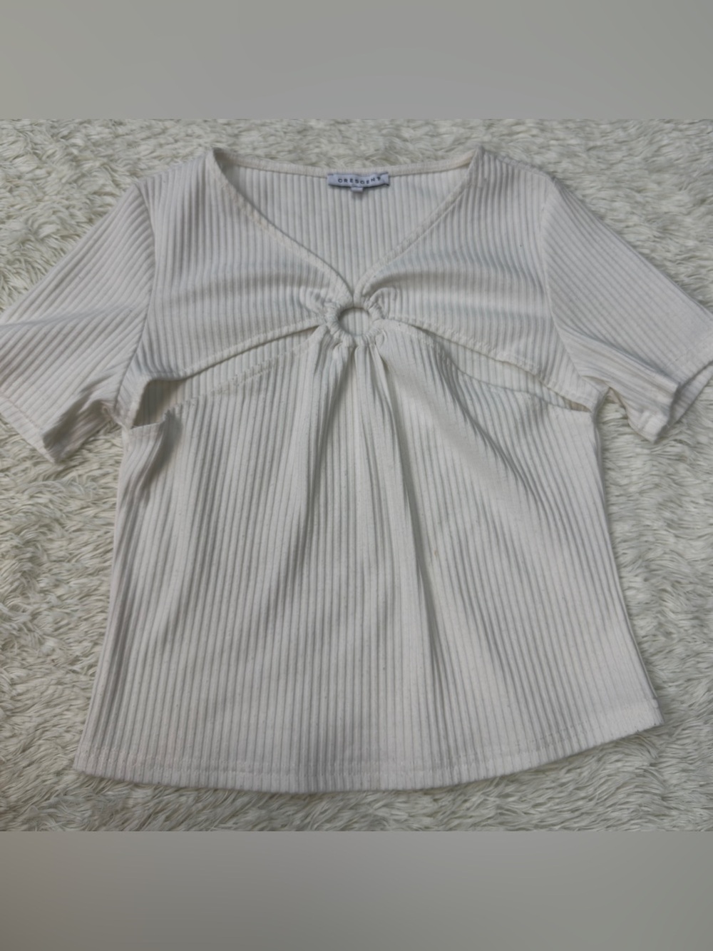 Crescent Cream Ribbed Short-Sleeve Ring-Front Top